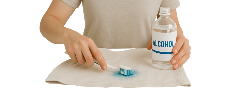 Persona frotando la mancha en una prenda con un cepillo de dientes y alcohol