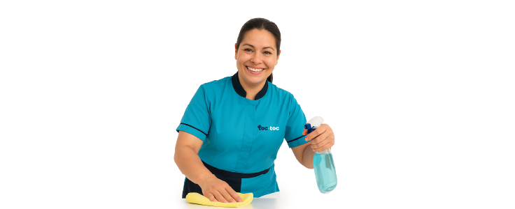 Beneficios de contratar a través de toc toc ase Empleada doméstica sonriendo mientras limpia