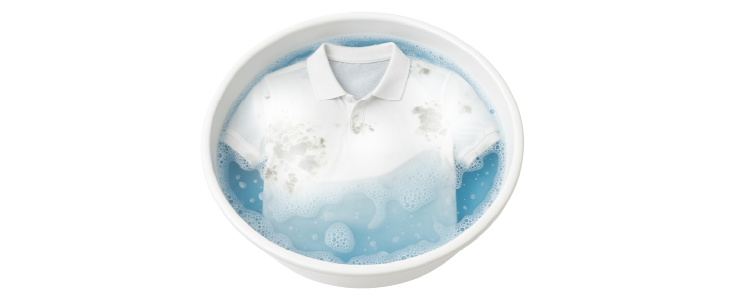 Prenda de ropa en un recipiente grande sumergida en agua espumosa